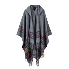 Bloc de couleur pour femmes Ouverture avant Couverture Poncho à carreaux Cachemire Cape Épais Étole Chaud Jetée À Capuche Poncho Wrap Shawl (SP218)